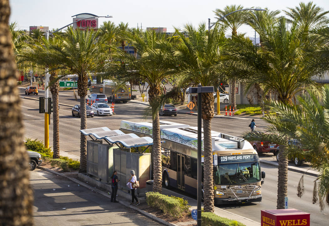 Passengers board an RTC Las Vegas 109 bus as it makes its way along South Maryland Parkway nort ...