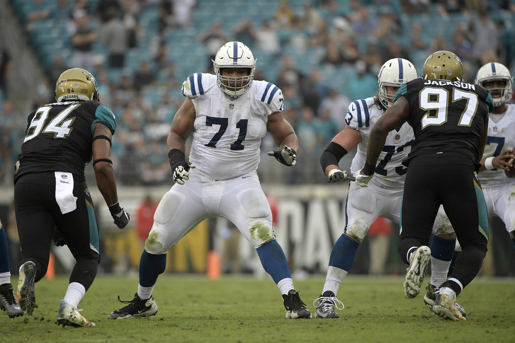 Indianapolis Colts offensive tackle Denzelle Good (71) sets up to block in front of Jacksonvill ...