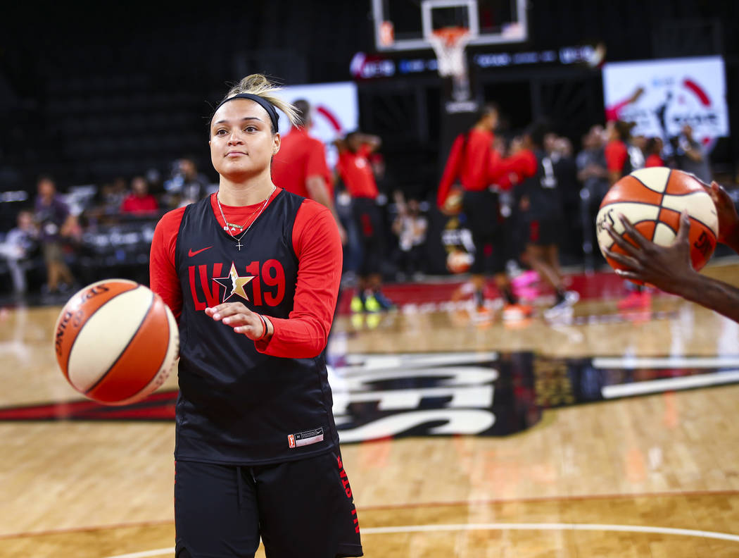 Las Vegas Aces' Kayla McBride looks to shoot during practice ahead of the WNBA All-Star Game an ...