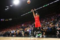 Las Vegas Aces' Kayla McBride competes in the 3-point shooting challenge during the WNBA All-St ...