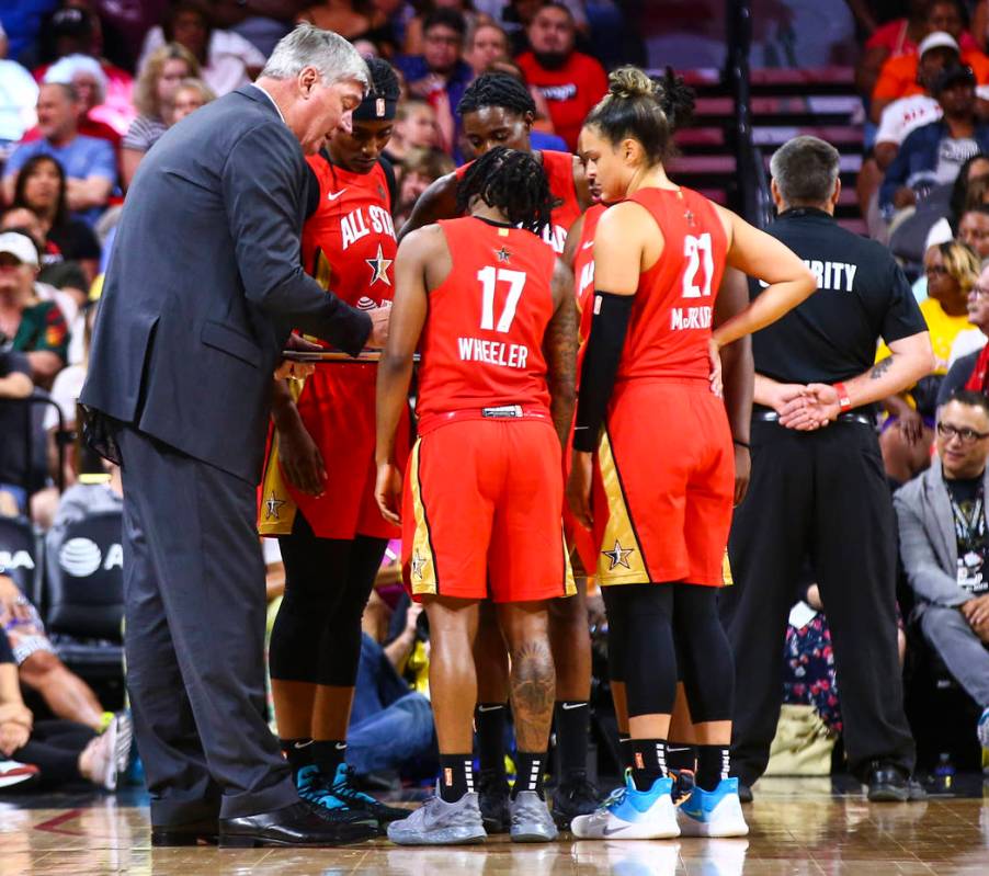 Coach Bill Laimbeer talks with his team during the second half of the WNBA All-Star Game at the ...