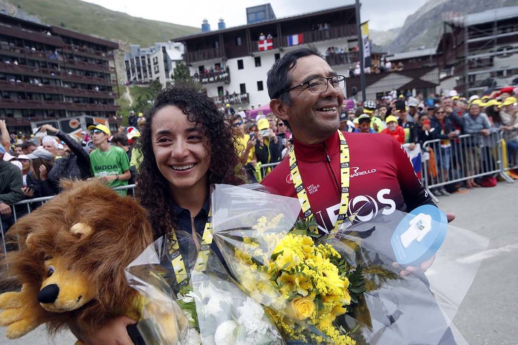 Girlfriend of Colombia's Egan Bernal, Xiomy Guerrero, and his father German Bernal celebrate Be ...