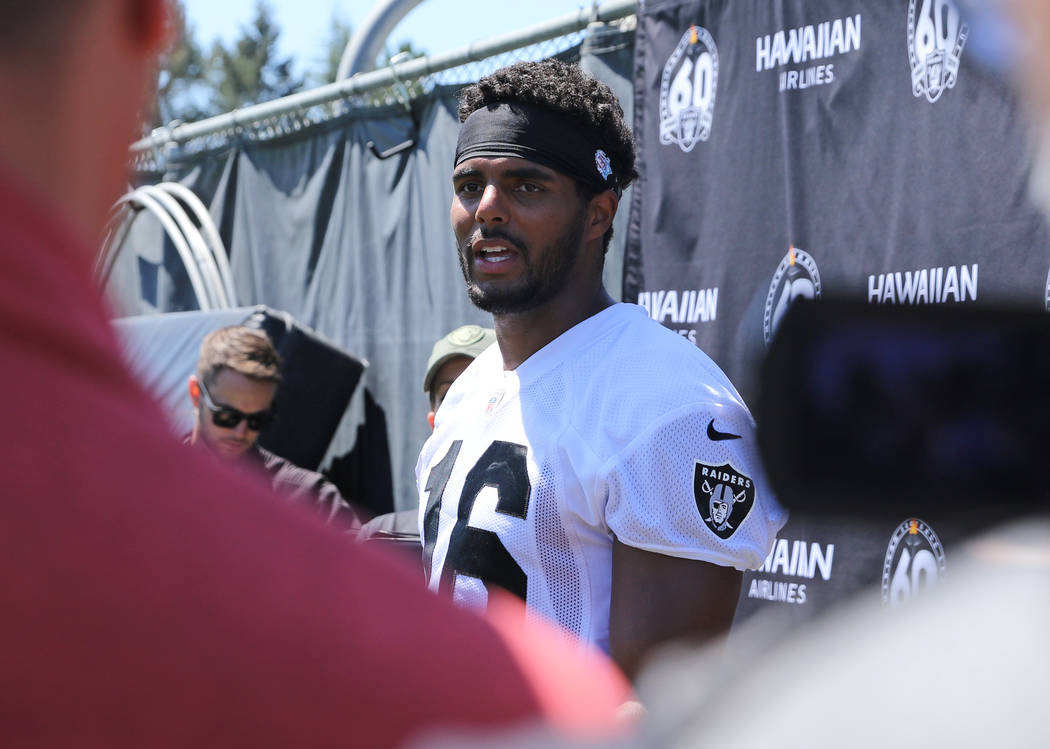 Oakland Raiders wide receiver Tyrell Williams (16) speaks to media during the NFL team's traini ...