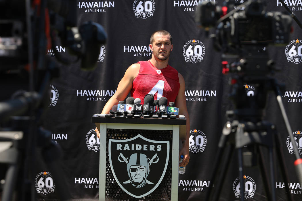 Oakland Raiders quarterback Derek Carr (4) speaks to media during the NFL team's training camp ...