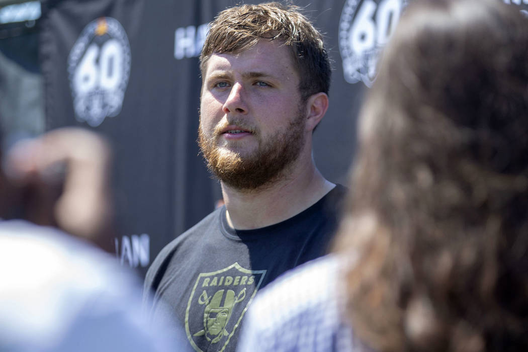 Oakland Raiders offensive tackle Kolton Miller takes questions during the NFL team's training c ...
