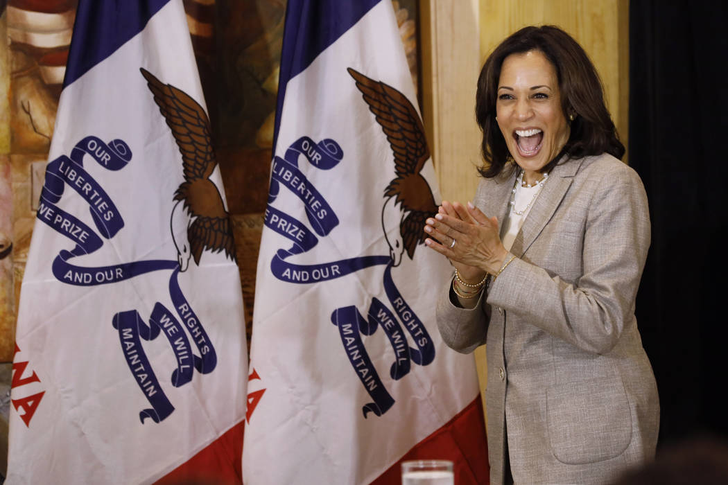 Democratic presidential candidate Sen. Kamala Harris, D-Calif., arrives at a Women of Color rou ...