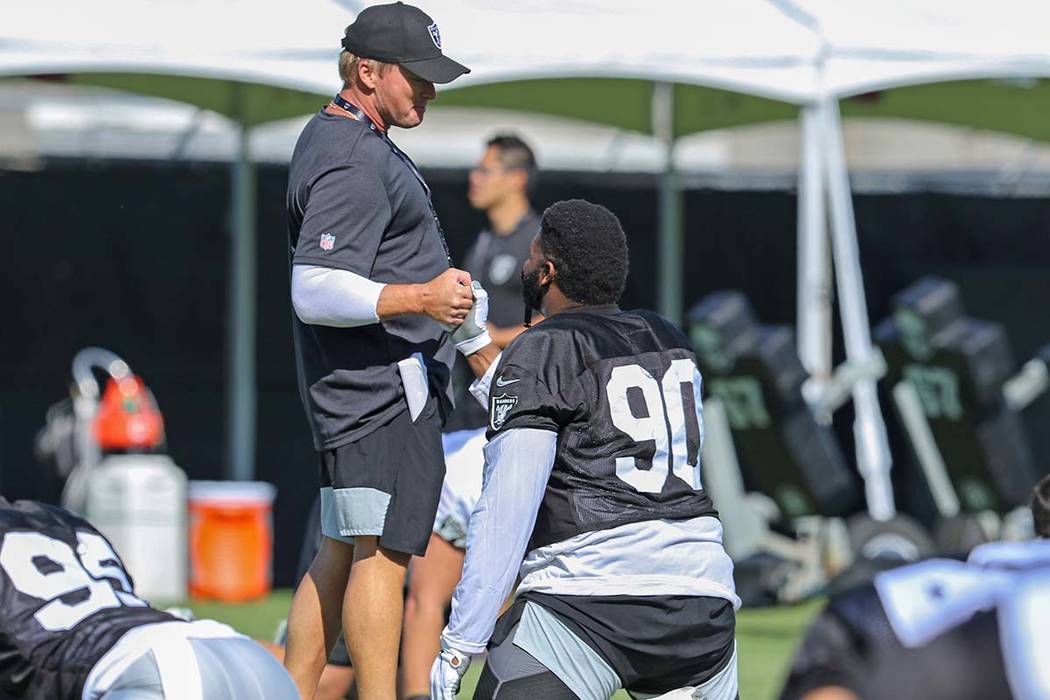 Oakland Raiders head coach Jon Gruden shakes hands with defensive tackle Johnathan Hankins (90) ...