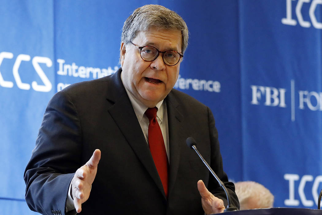 FILE - In this July 23, 2019 file photo U.S. Attorney General William Barr addresses the Intern ...