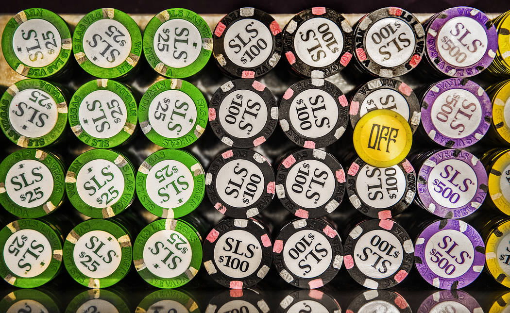 Stacks of chip on the craps table at SLS Las Vegas on Thursday, May, 30, 2019, in Las Vegas. (B ...