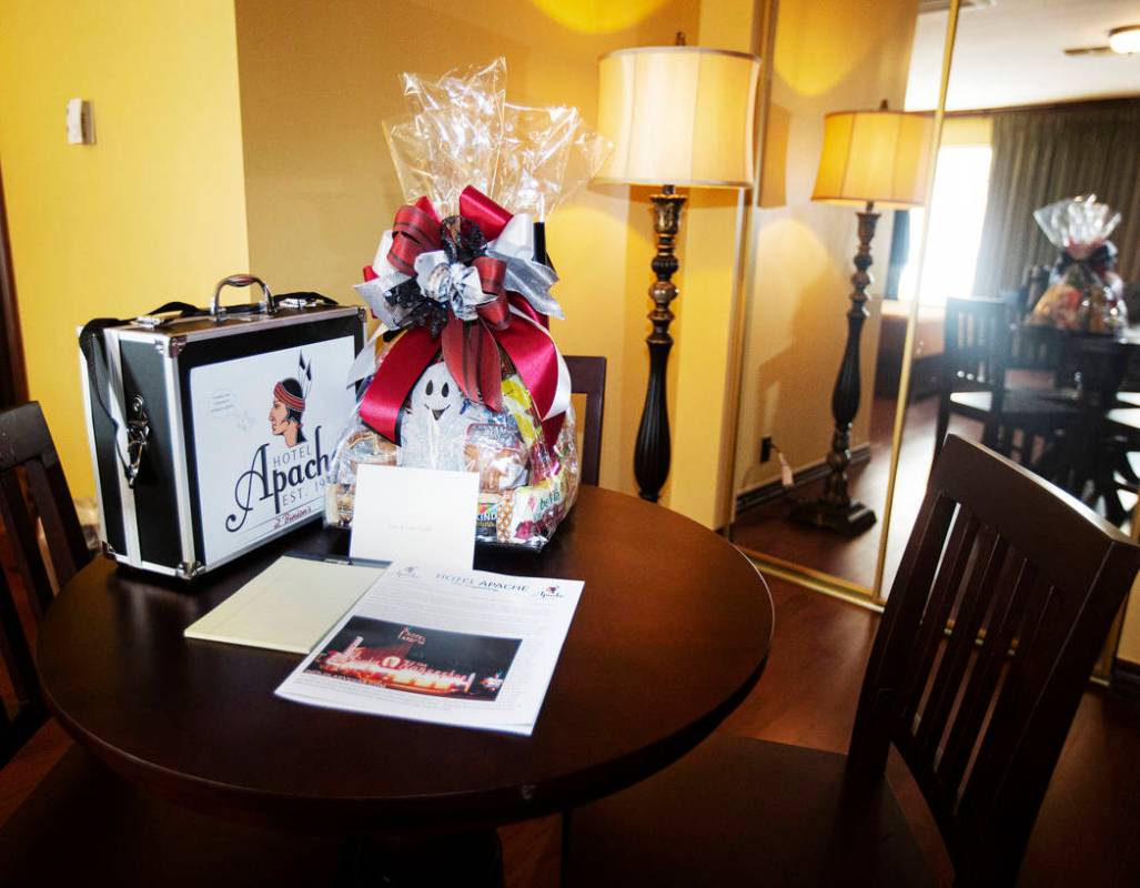 A remodeled room, with guest offerings at the historic Hotel Apache at Binion's Gambling Hall o ...