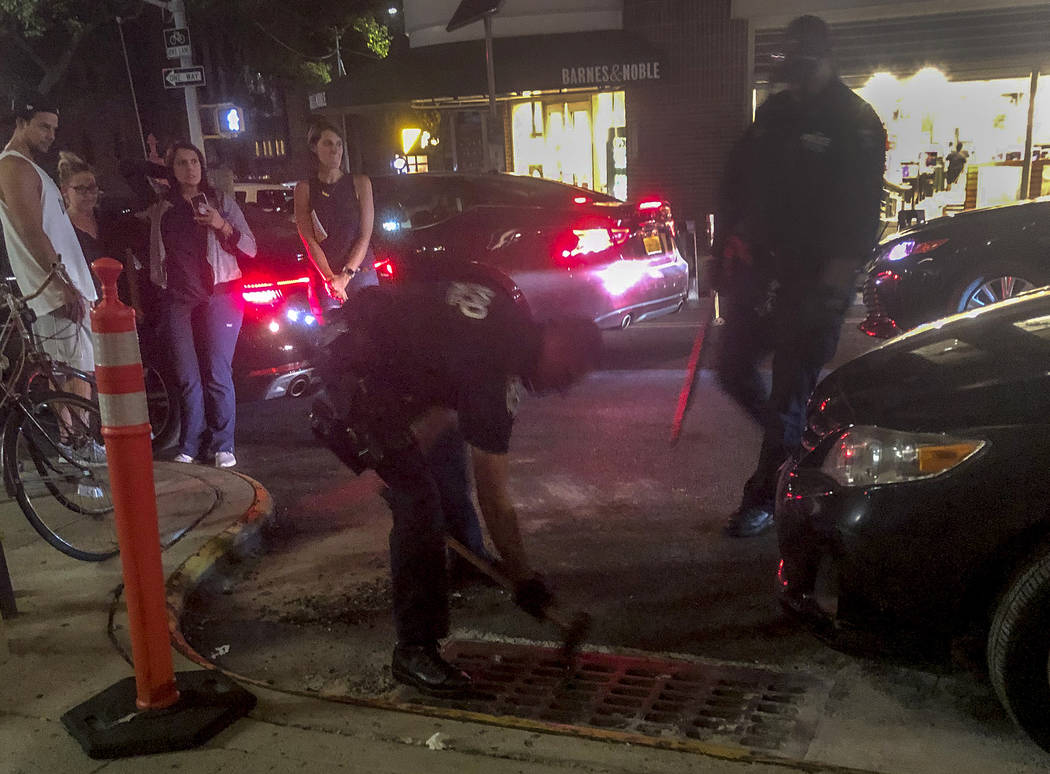 In this July 28, 2019 photo provided by Lynn Harris, NYPD SWAT team officers remove a storm gra ...