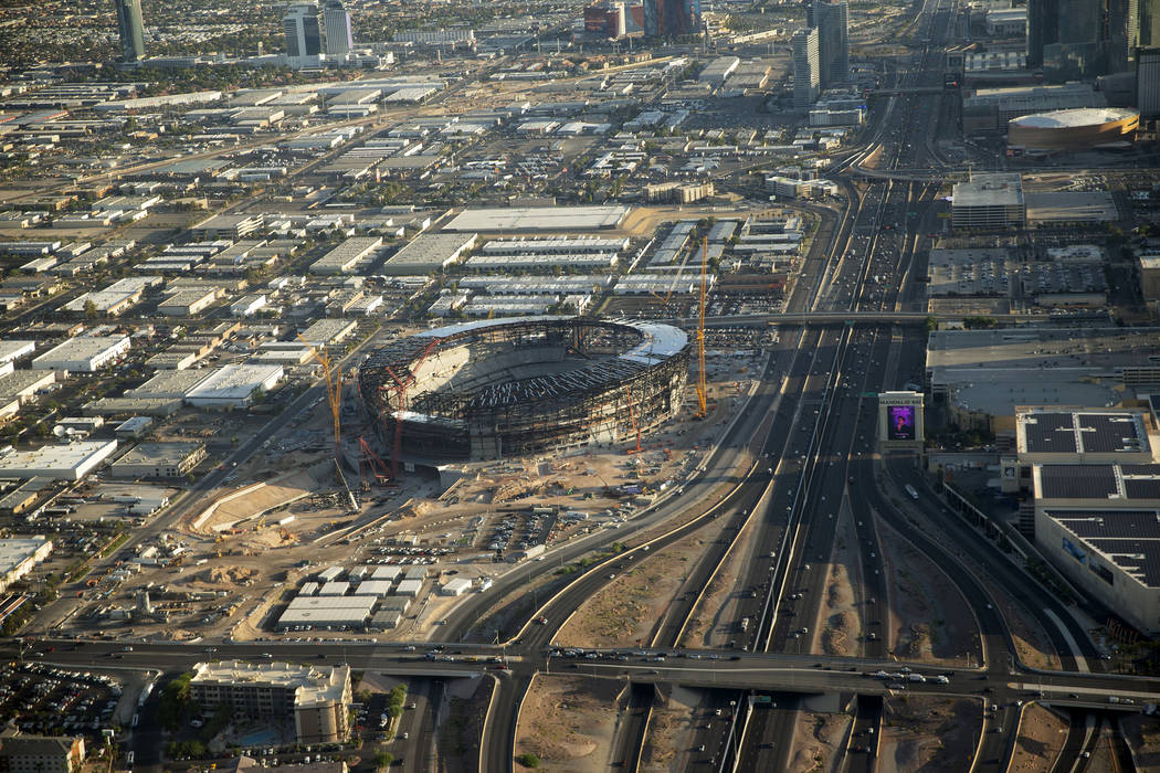 An aerial view of the Las Vegas Stadium, future home of UNLV football and the NFL's Raiders, in ...