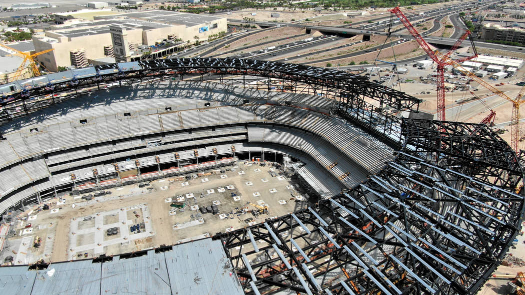 Aerial view of the Las Vegas Raiders stadium under construction as seen on Thursday, July 25, 2 ...