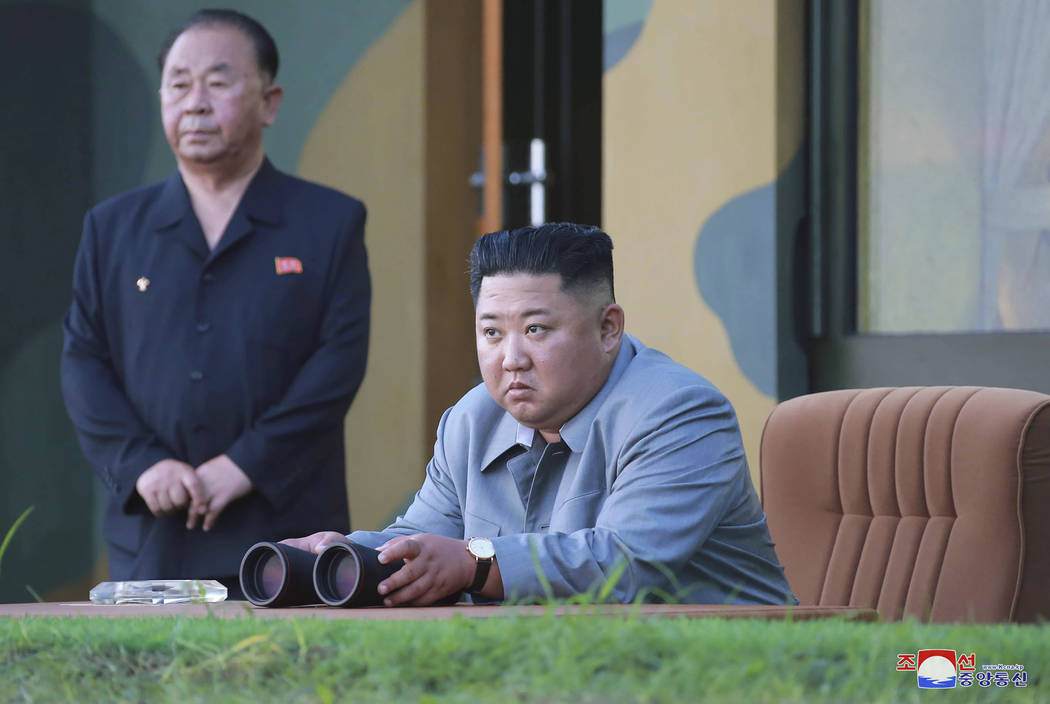 In this Thursday, July 25, 2019, photo provided on Friday, July 26, 2019, by the North Korean g ...