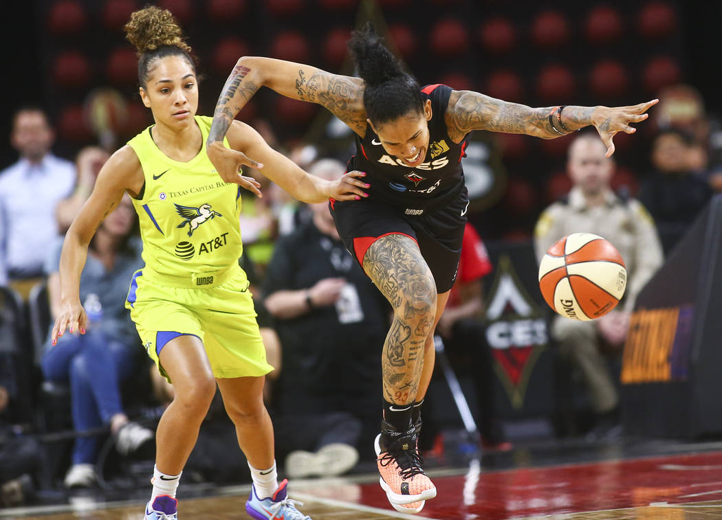 Las Vegas Aces' Tamera Young, right, chases after a loose ball past Dallas Wings' Brooke McCart ...