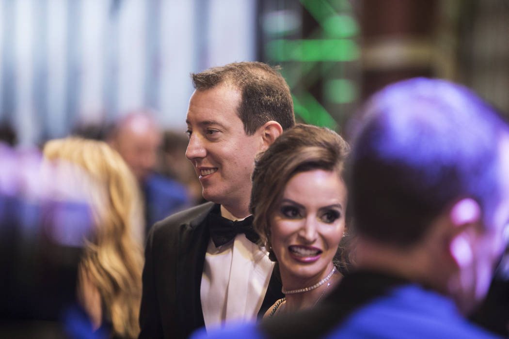 Kyle and Samantha Busch talk to the media during the Fan Red Carpet on Thursday, Nov. 29, 2018, ...