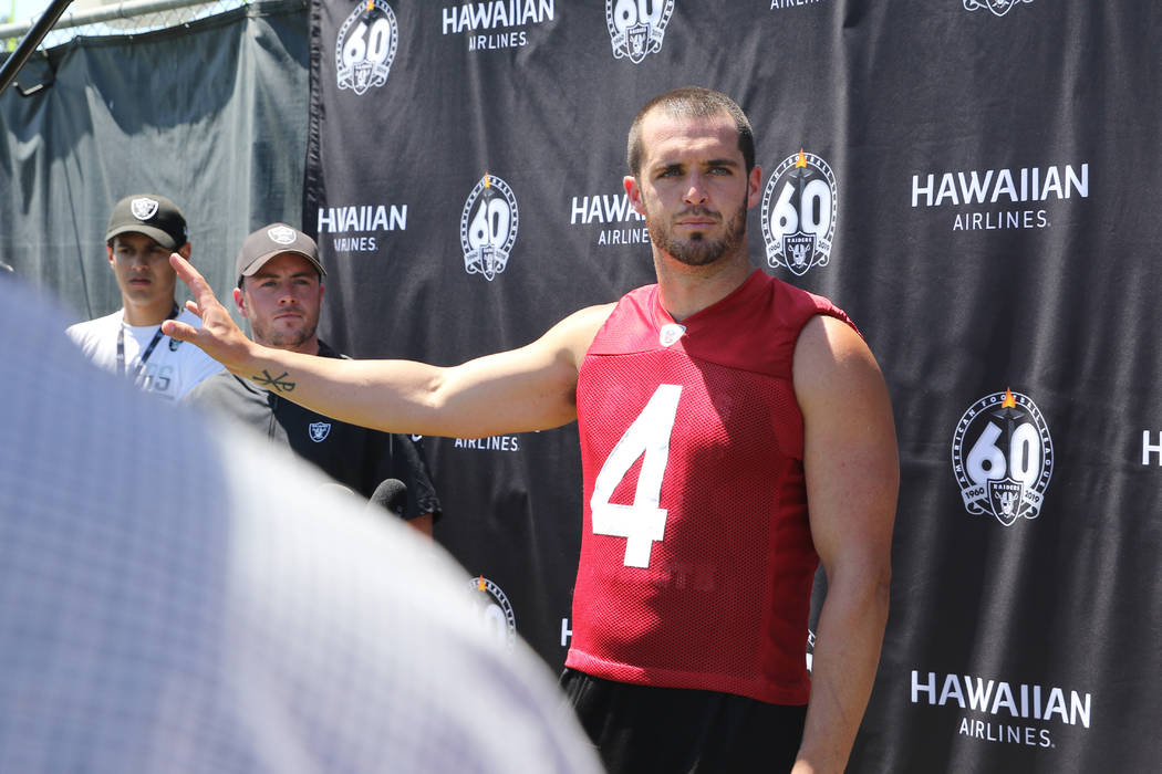 Oakland Raiders quarterback Derek Carr (4) speaks to media during the NFL team's training camp ...