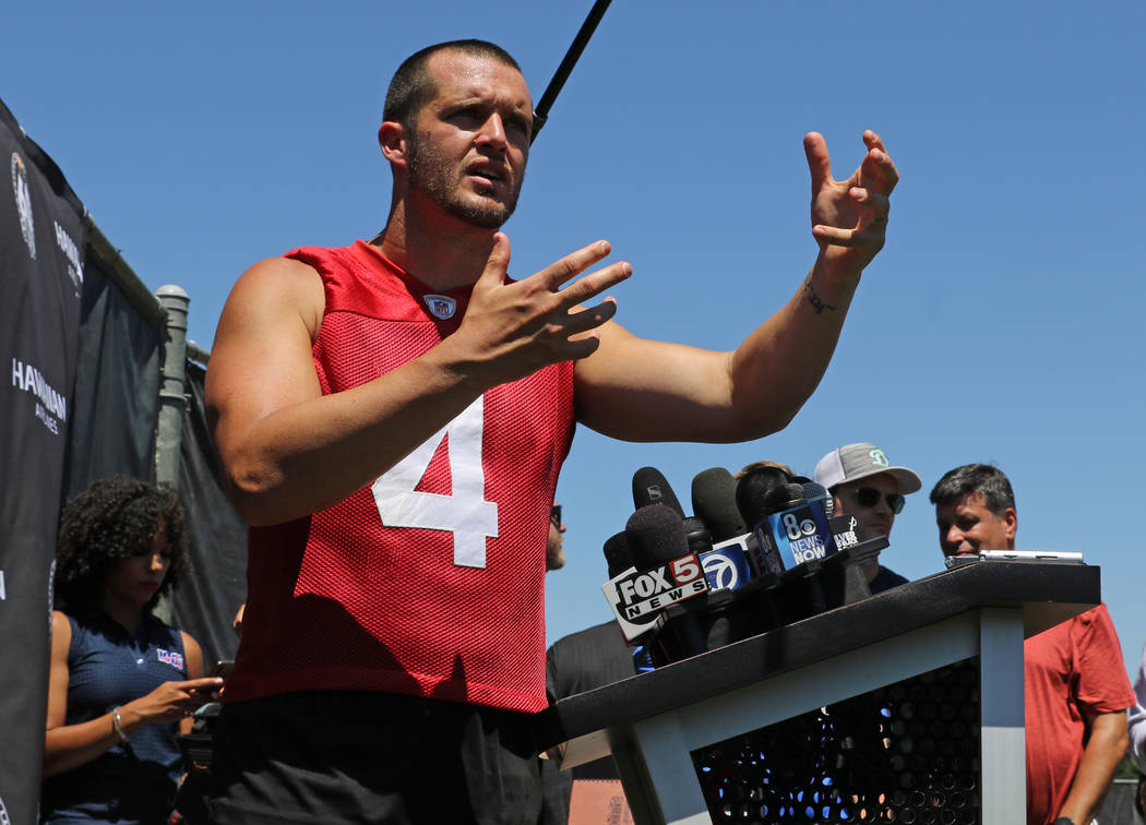 Oakland Raiders quarterback Derek Carr (4) answers questions during the NFL team's training cam ...