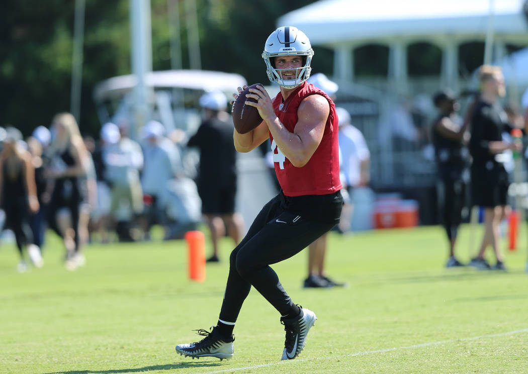 Oakland Raiders quarterback Derek Carr (4) drops back to pass during the NFL team's training ca ...