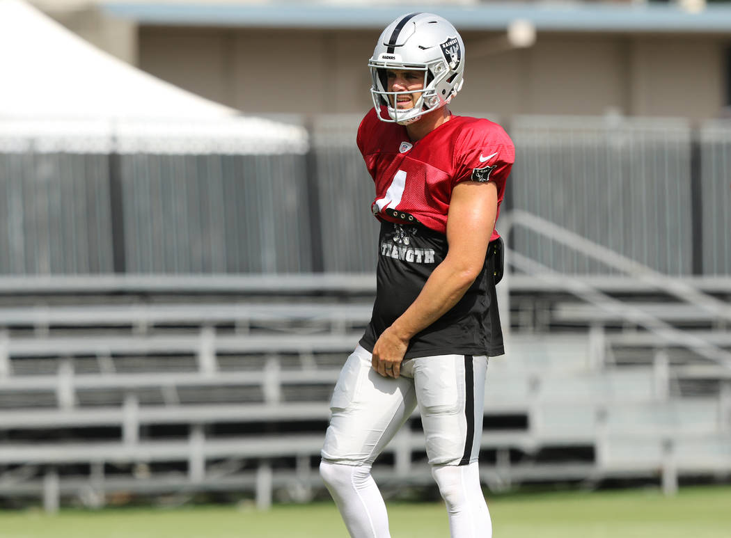 Oakland Raiders quarterback Derek Carr (4) walks on the field during the NFL team's training ca ...