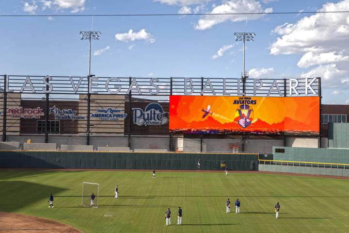 Aviators players work through drills during practice at media day at Las Vegas Ballpark on Tues ...