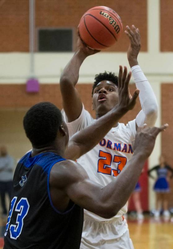 Bishop Gorman junior forward Mwani Wilkinson (23) shoots a jump shot over Desert Pines junior D ...