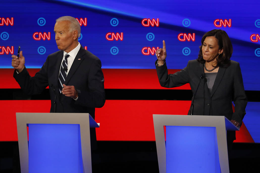 Sen. Kamala Harris, D-Calif., and former Vice President Joe Biden participate in the second of ...