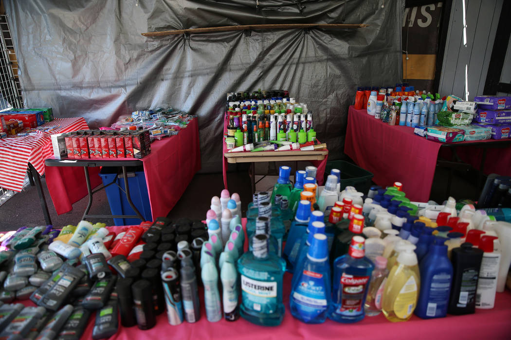 Hygiene products are sold at a booth inside the Broadacres Marketplace in North Las Vegas, Satu ...