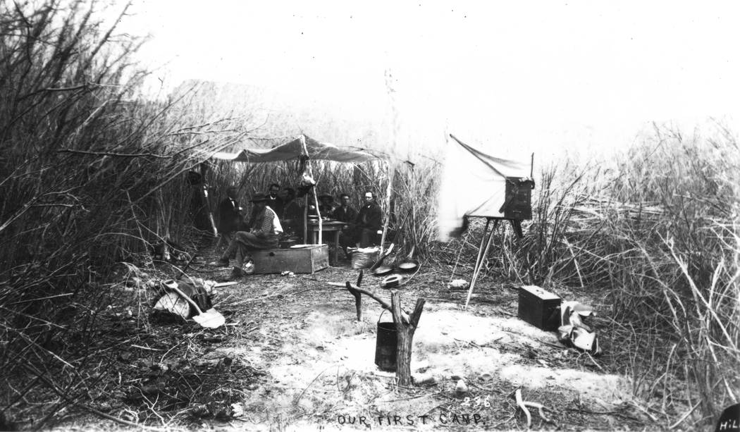 The first camp of Powell's Second Expedition. Shown from left to right are: Professor Almon Har ...