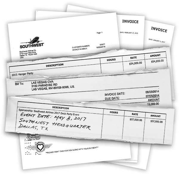 Three Southwest Airlines' invoices that bill the Las Vegas Convention and Visitors Authority fo ...