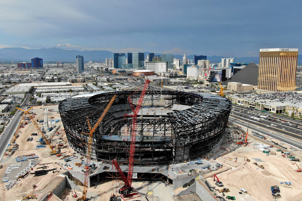 Aerial view of the Las Vegas Raiders stadium under construction as seen on Thursday, July 25, 2 ...