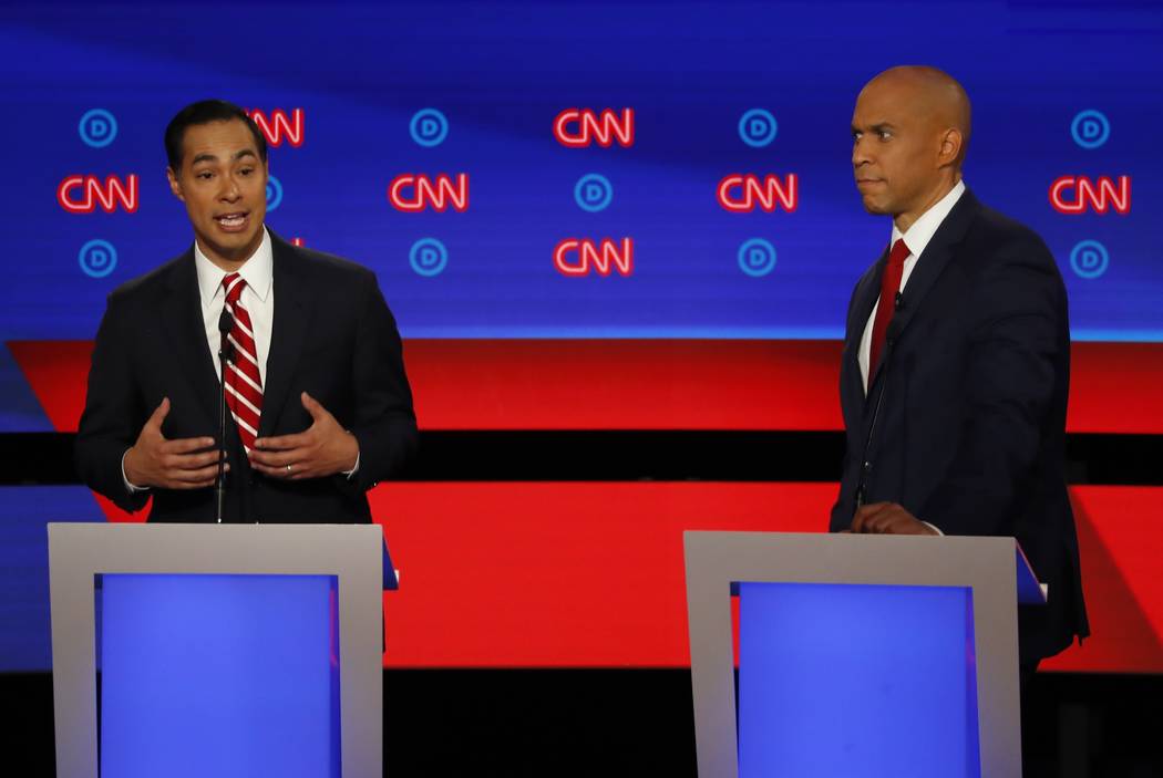 Former Housing and Urban Development Secretary Julian Castro speaks as Sen. Cory Booker, D-N.J. ...