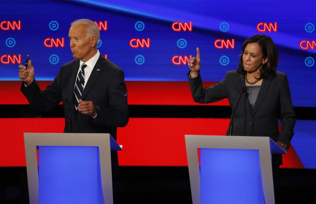 Sen. Kamala Harris, D-Calif., and former Vice President Joe Biden participate in the second of ...