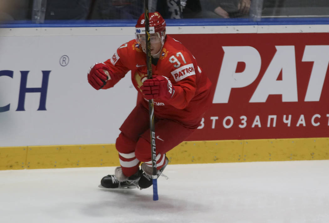 Russia's Nikita Gusev celebrates after scoring his side's first goal during the Ice Hockey Worl ...