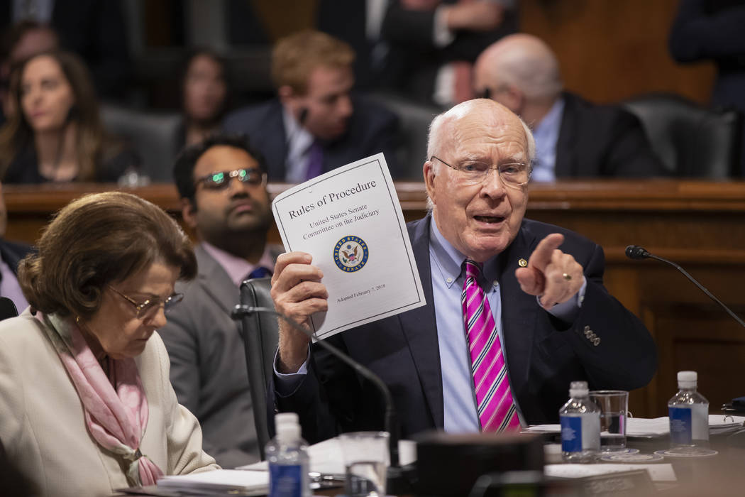 Sen. Patrick Leahy, D-Vt., a former chairman of the Senate Judiciary Committee, joined at left ...