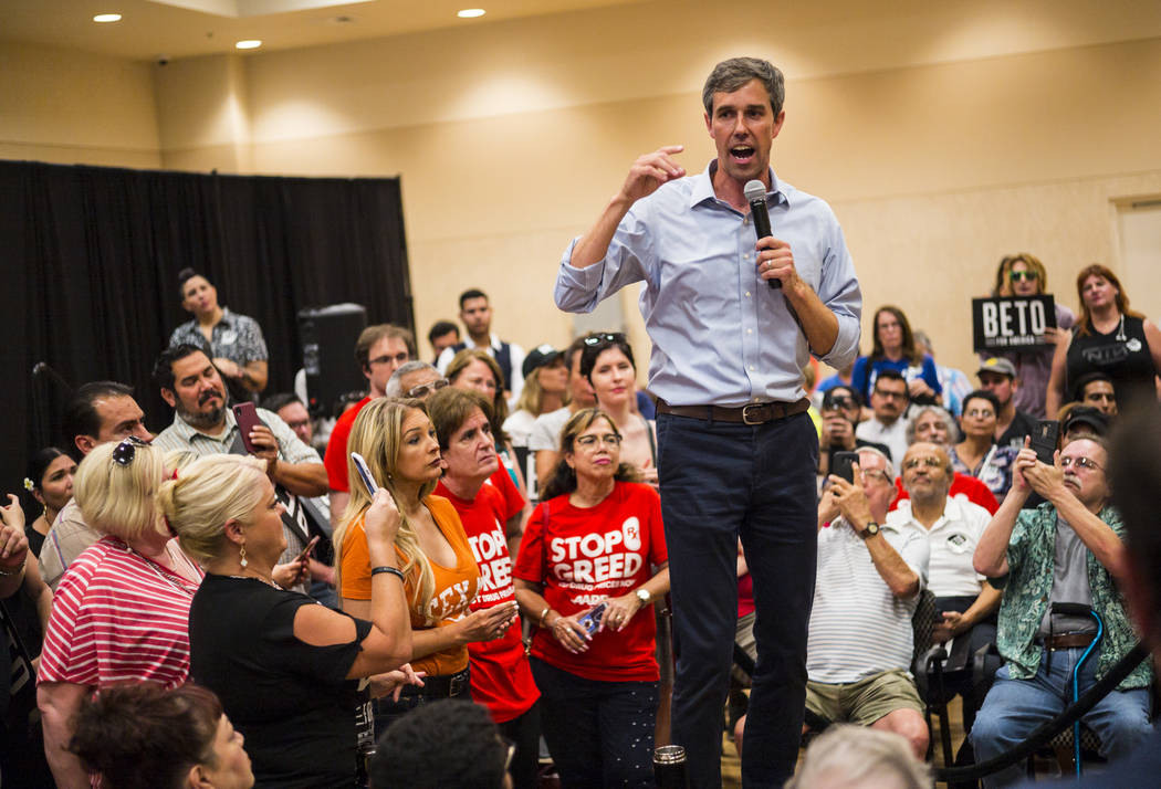 Democratic presidential candidate and former Texas congressman Beto O'Rourke addresses attendee ...