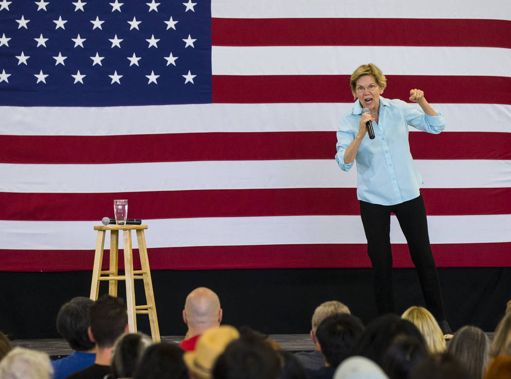 Democratic presidential candidate Sen. Elizabeth Warren, D-Mass., speaks during a campaign even ...