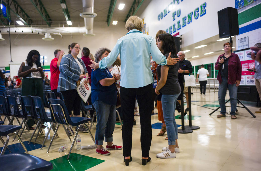 Democratic presidential candidate Sen. Elizabeth Warren, D-Mass., talks with supporters after s ...