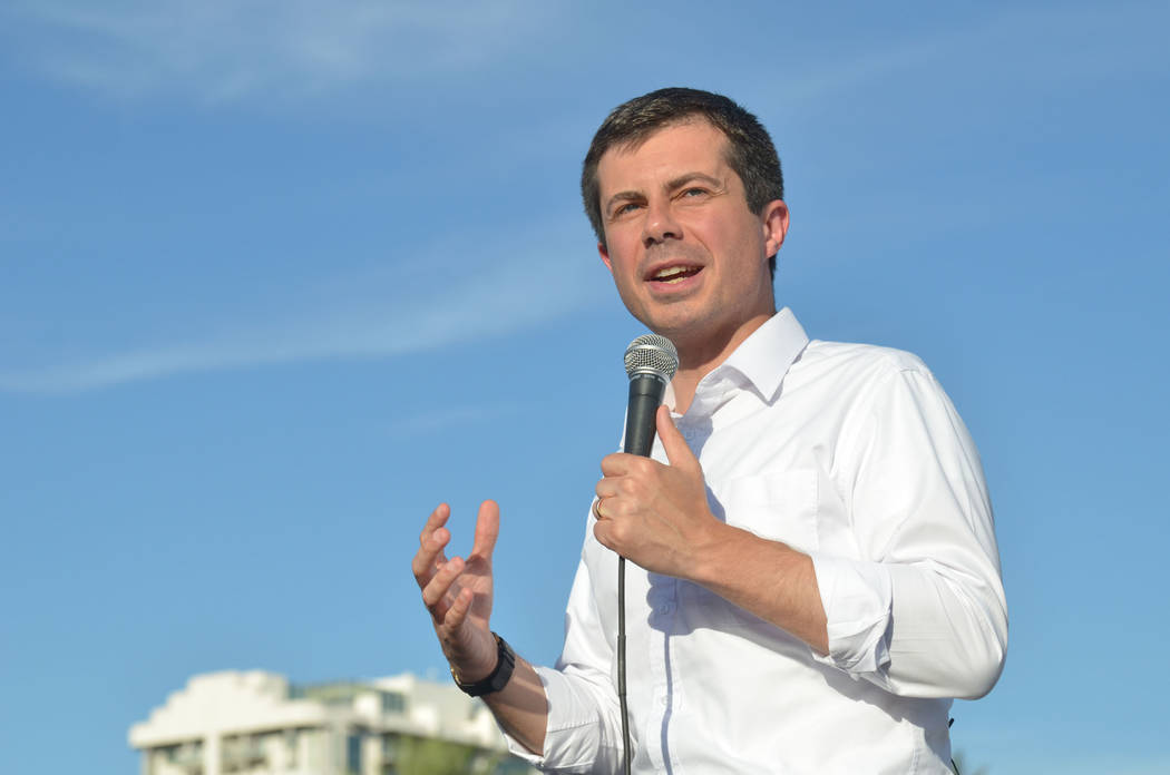 Democratic presidential candidate Pete Buttigieg speaks during a campaign rally at First Friday ...