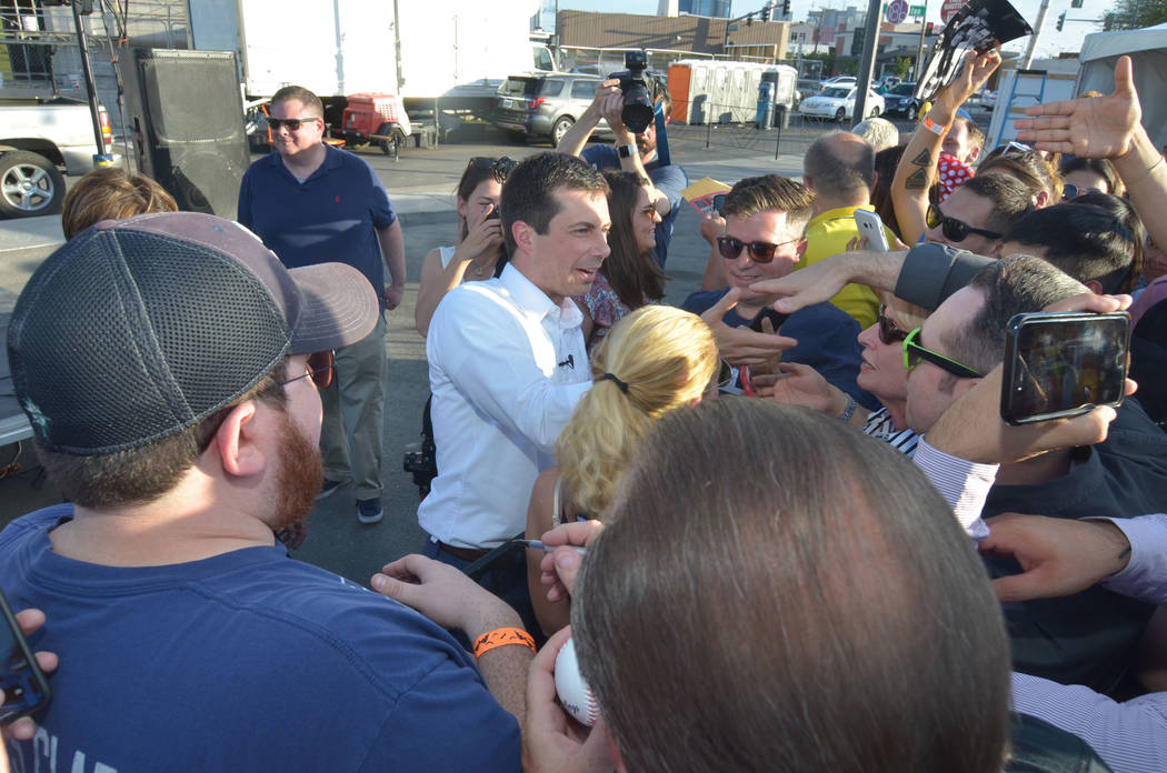 Democratic presidential candidate and South Bend, Ind., Mayor Pete Buttigieg greet people durin ...