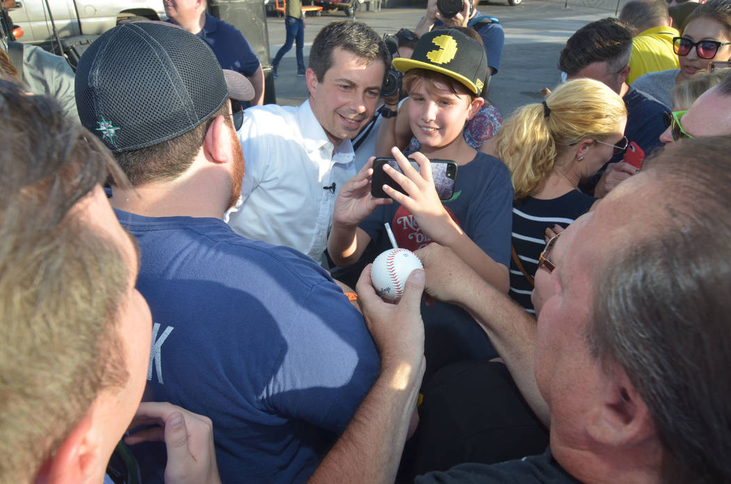 Democratic presidential candidate and South Bend, Ind., Mayor Pete Buttigieg greet people durin ...