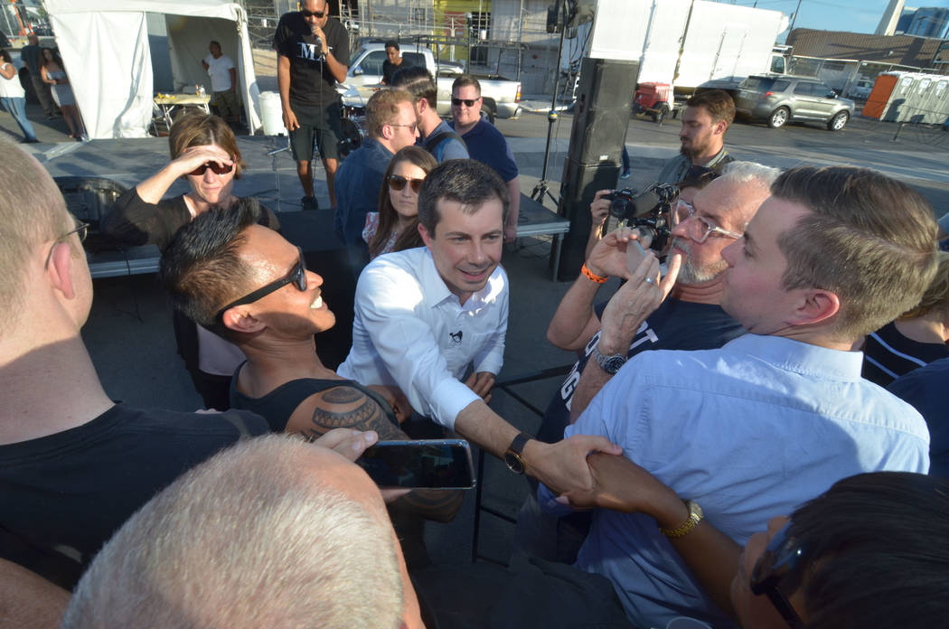 Democratic presidential candidate and South Bend, Ind., Mayor Pete Buttigieg greet people durin ...