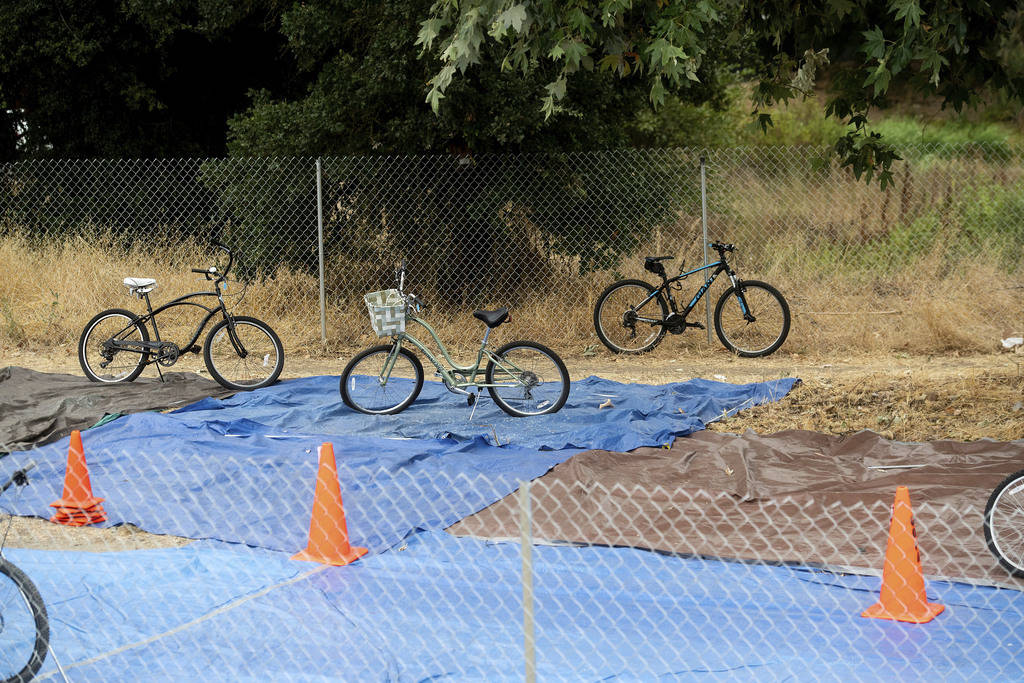 Bicycles rest in a parking area at the Gilroy Garlic Festival on Monday, July, 29, 2019, in Gil ...