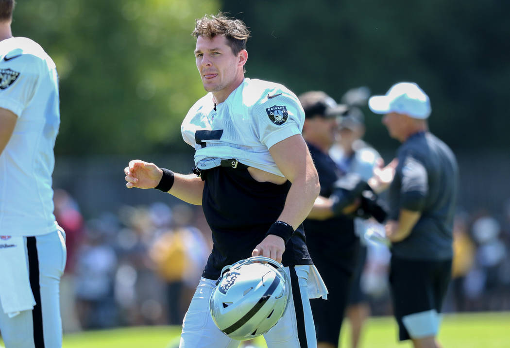 Oakland Raiders punter Johnny Townsend (5) goes to the locker room after practice during the NF ...