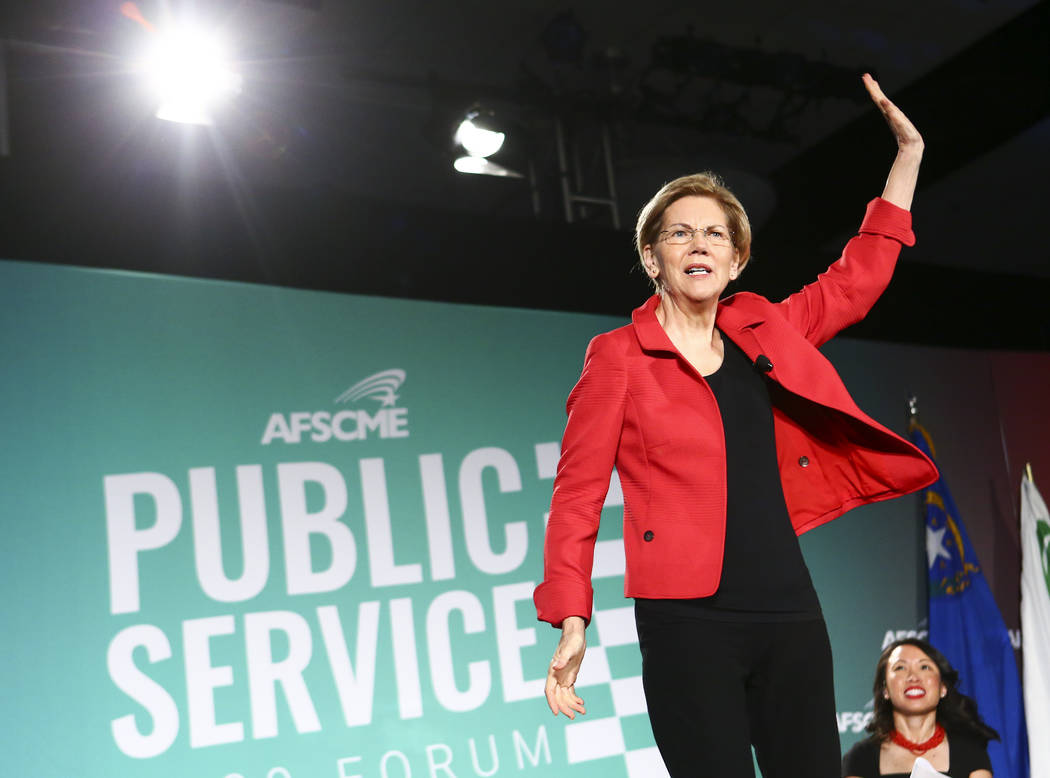 Sen. Elizabeth Warren, D-Mass., speaks during a public forum for Democratic presidential candid ...