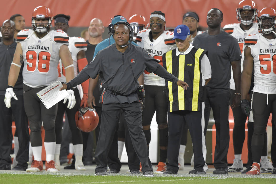 Cleveland Browns head coach Hue Jackson reacts in the first half of an NFL football preseason g ...