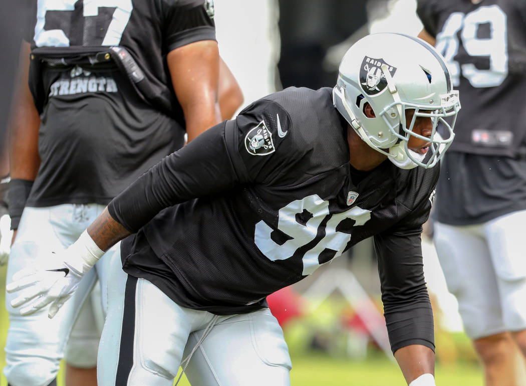 Oakland Raiders defensive end Clelin Ferrell (96) gets ready to drill during the NFL team's tra ...