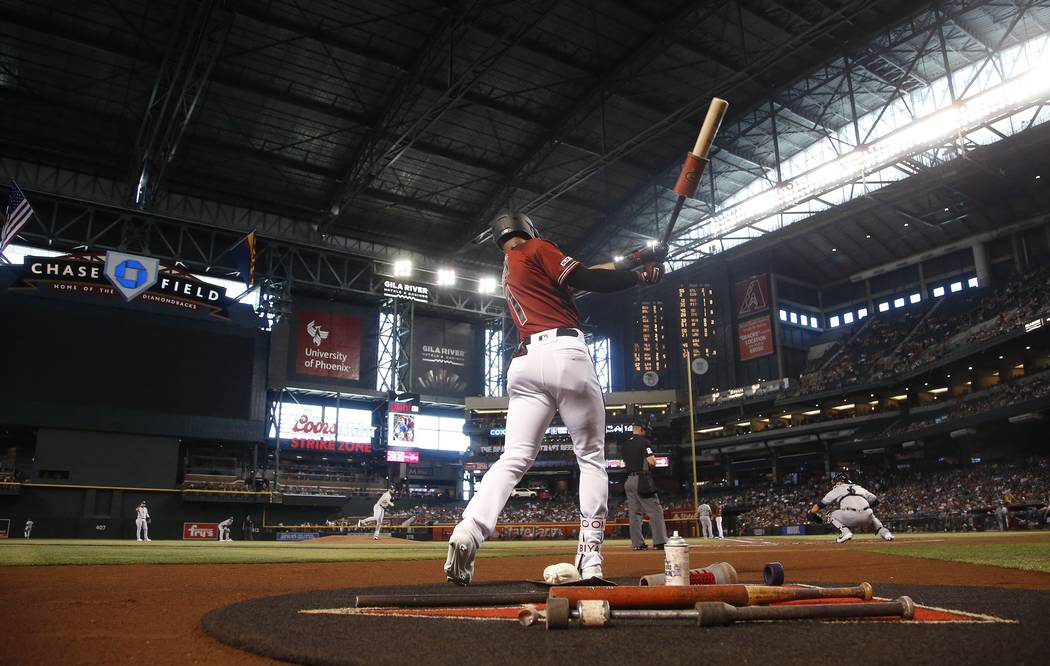 Arizona Diamondbacks' Jarrod Dyson waits to bat against the Milwaukee Brewers during the first ...