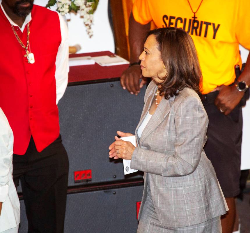 Democratic presidential candidate Sen. Kamala Harris, D-Calif., walks to the front of the churc ...