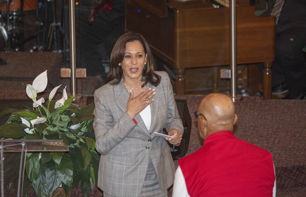 Democratic presidential candidate Sen. Kamala Harris, D-Calif., walks back to her seat after gi ...